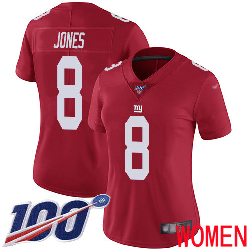 Women New York Giants #8 Daniel Jones Red Limited Red Inverted Legend 100th Season Football NFL Jersey